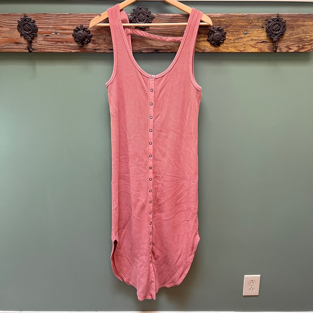 Daily Practice‎ by Anthropologie Pink Waffle Knit Snap Front Thermal Tank Dress